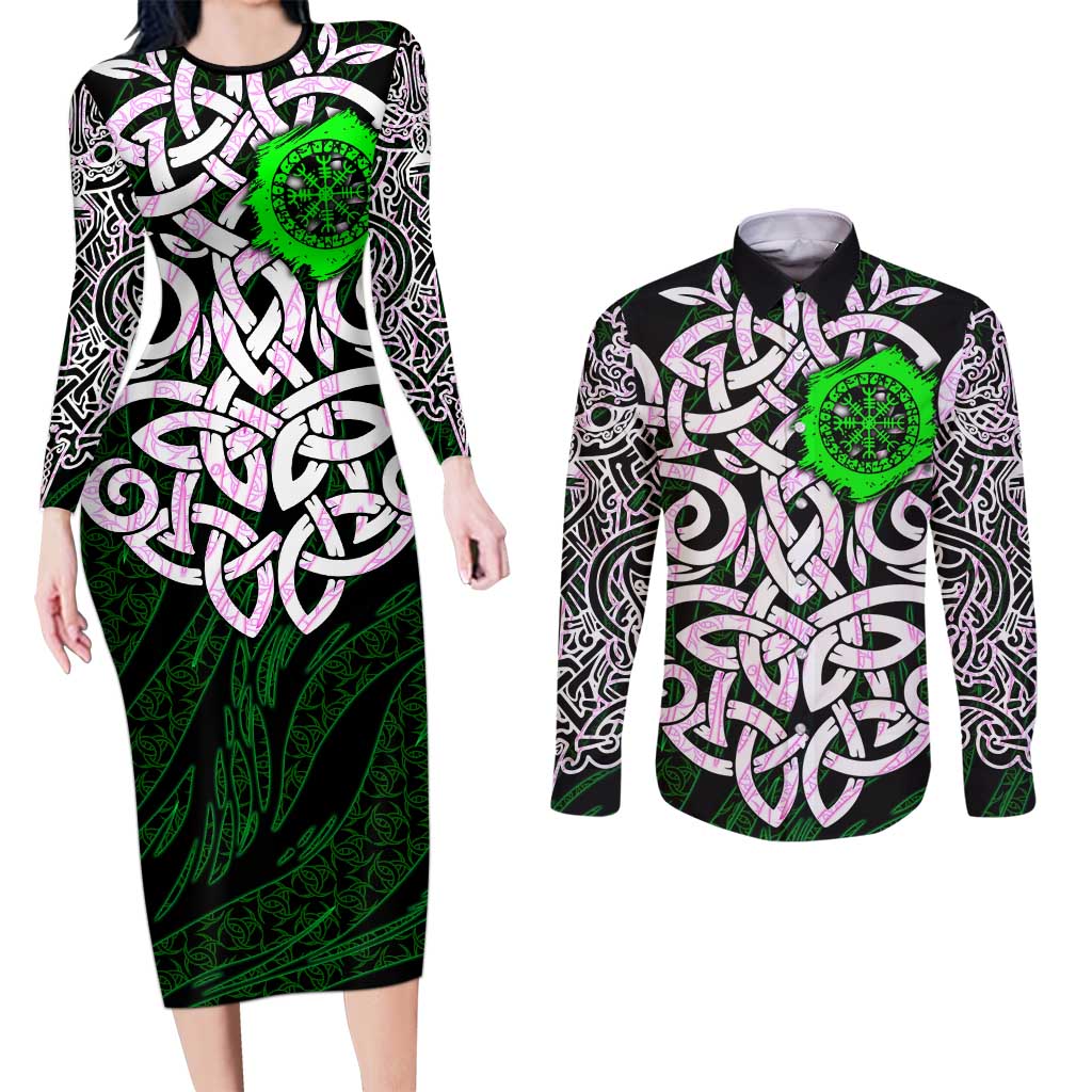 Vegvisir Couples Matching Long Sleeve Bodycon Dress and Long Sleeve Button Shirt with Green Dragons and Norse Knots Viking Protection Tribute - Wonder Print Shop