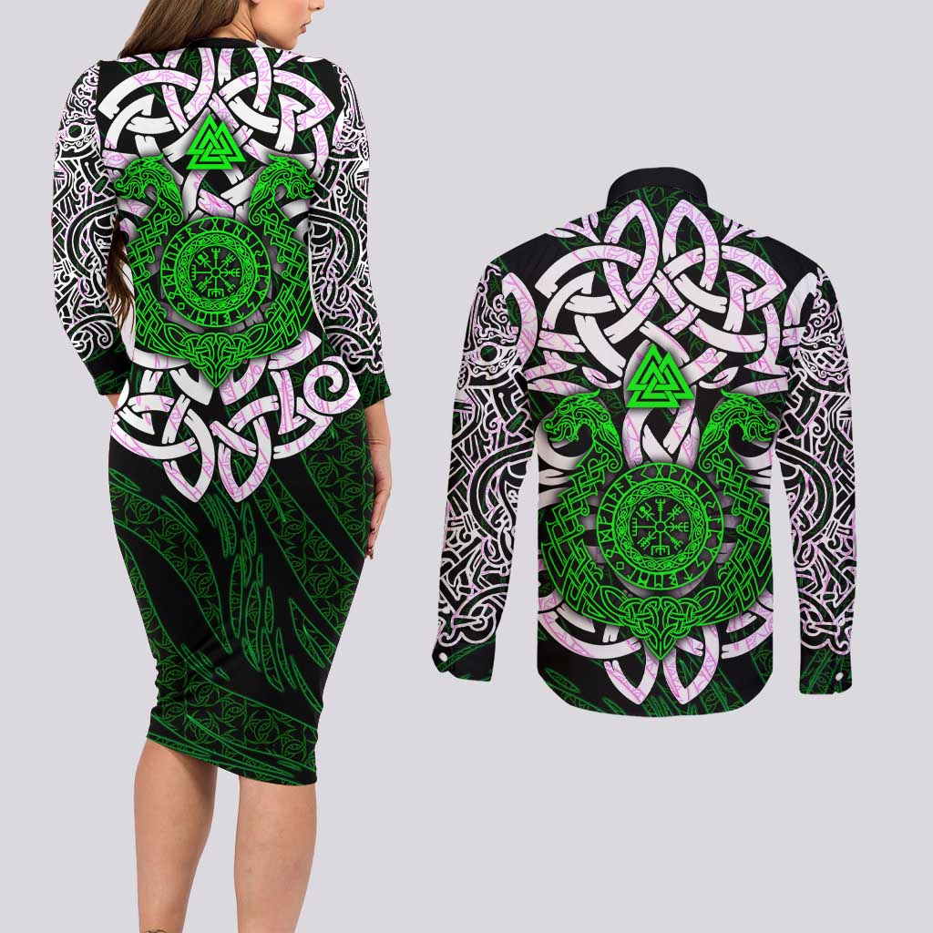 Vegvisir Couples Matching Long Sleeve Bodycon Dress and Long Sleeve Button Shirt with Green Dragons and Norse Knots Viking Protection Tribute - Wonder Print Shop