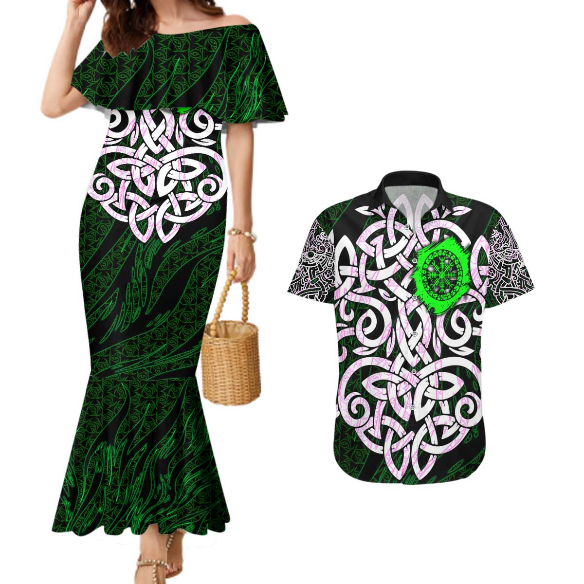 Vegvisir Couples Matching Mermaid Dress and Hawaiian Shirt with Green Dragons and Norse Knots Viking Protection Tribute - Wonder Print Shop