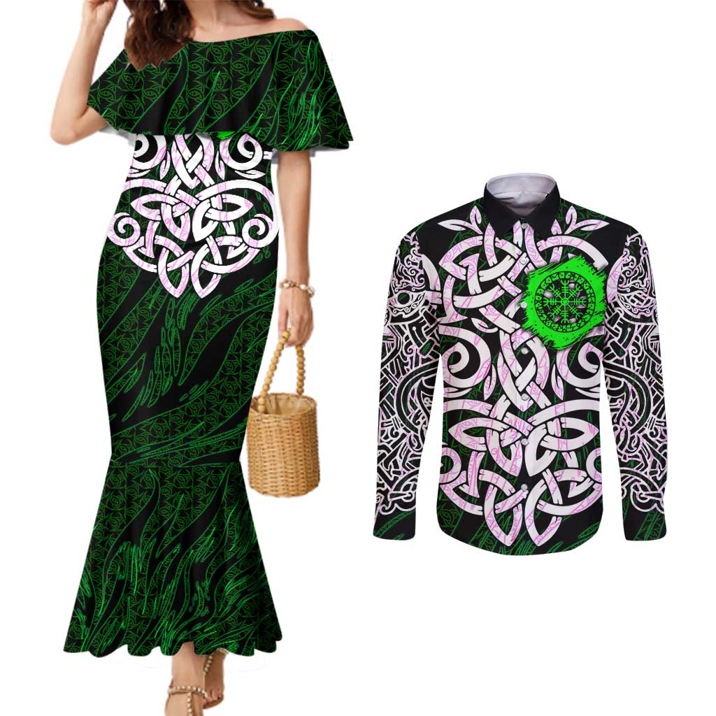 Vegvisir Couples Matching Mermaid Dress and Long Sleeve Button Shirt with Green Dragons and Norse Knots Viking Protection Tribute - Wonder Print Shop