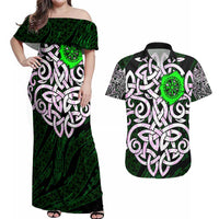 Vegvisir Couples Matching Off Shoulder Maxi Dress and Hawaiian Shirt with Green Dragons and Norse Knots Viking Protection Tribute - Wonder Print Shop
