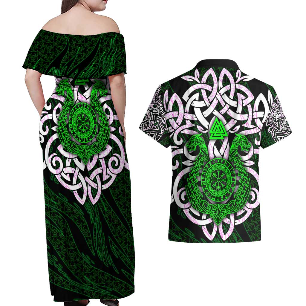 Vegvisir Couples Matching Off Shoulder Maxi Dress and Hawaiian Shirt with Green Dragons and Norse Knots Viking Protection Tribute - Wonder Print Shop