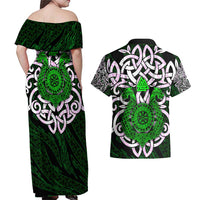 Vegvisir Couples Matching Off Shoulder Maxi Dress and Hawaiian Shirt with Green Dragons and Norse Knots Viking Protection Tribute - Wonder Print Shop