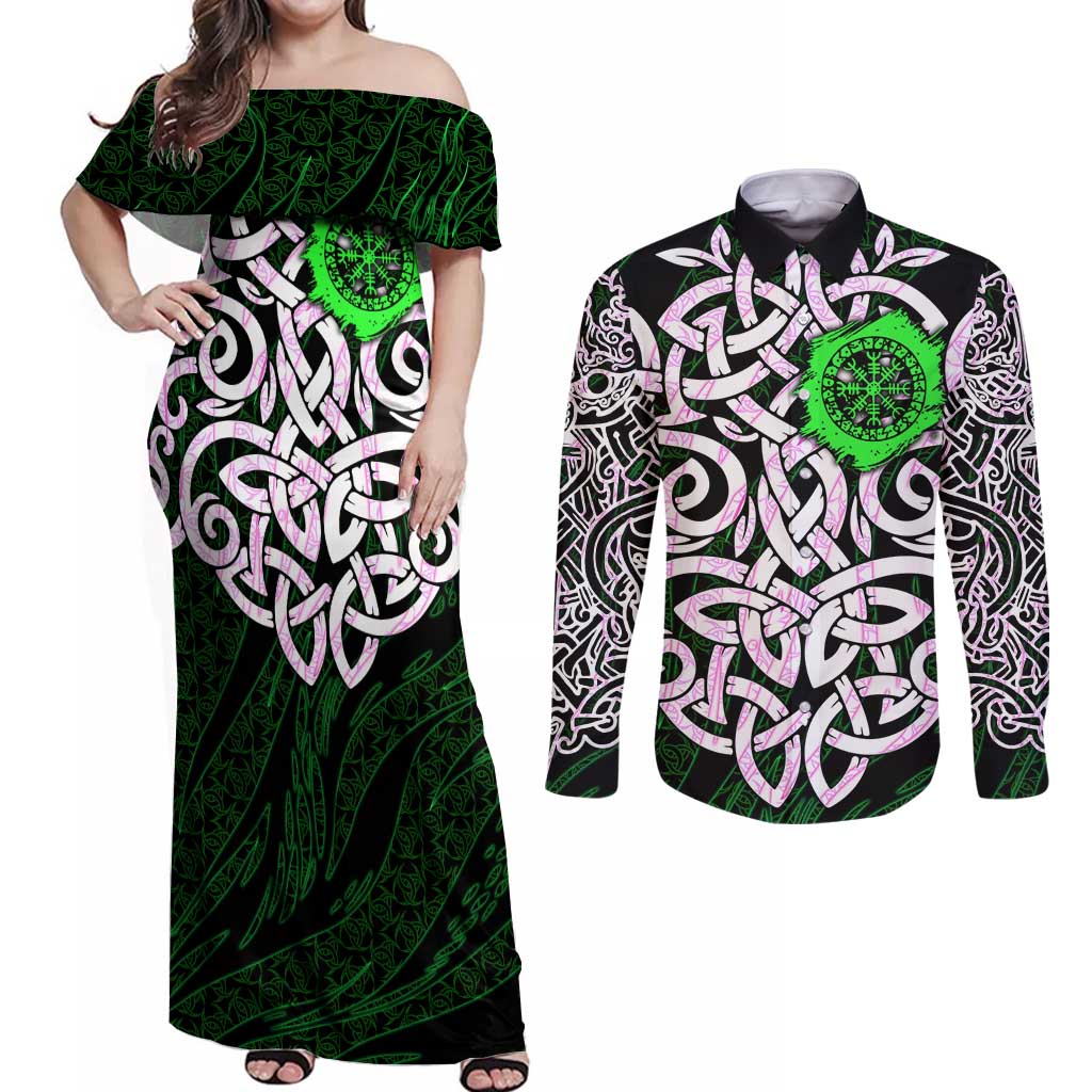 Vegvisir Couples Matching Off Shoulder Maxi Dress and Long Sleeve Button Shirt with Green Dragons and Norse Knots Viking Protection Tribute - Wonder Print Shop