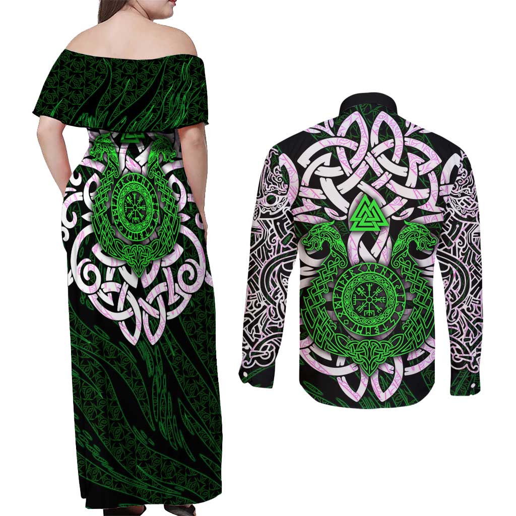 Vegvisir Couples Matching Off Shoulder Maxi Dress and Long Sleeve Button Shirt with Green Dragons and Norse Knots Viking Protection Tribute - Wonder Print Shop