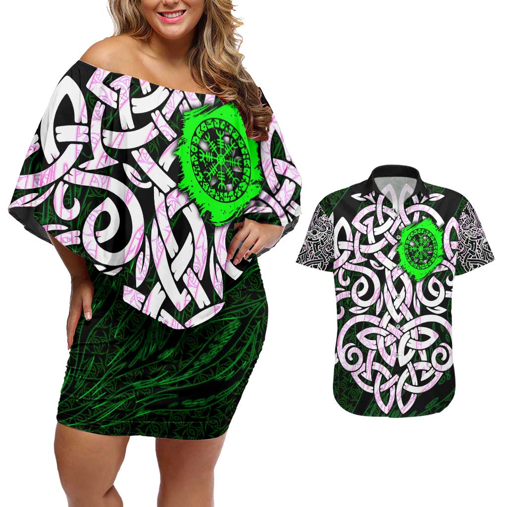 Vegvisir Couples Matching Off Shoulder Short Dress and Hawaiian Shirt with Green Dragons and Norse Knots Viking Protection Tribute - Wonder Print Shop