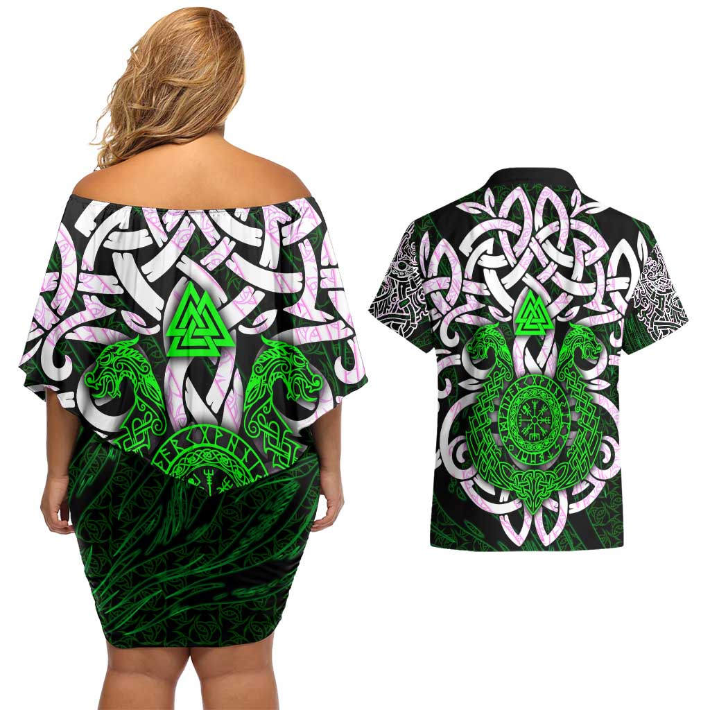 Vegvisir Couples Matching Off Shoulder Short Dress and Hawaiian Shirt with Green Dragons and Norse Knots Viking Protection Tribute - Wonder Print Shop