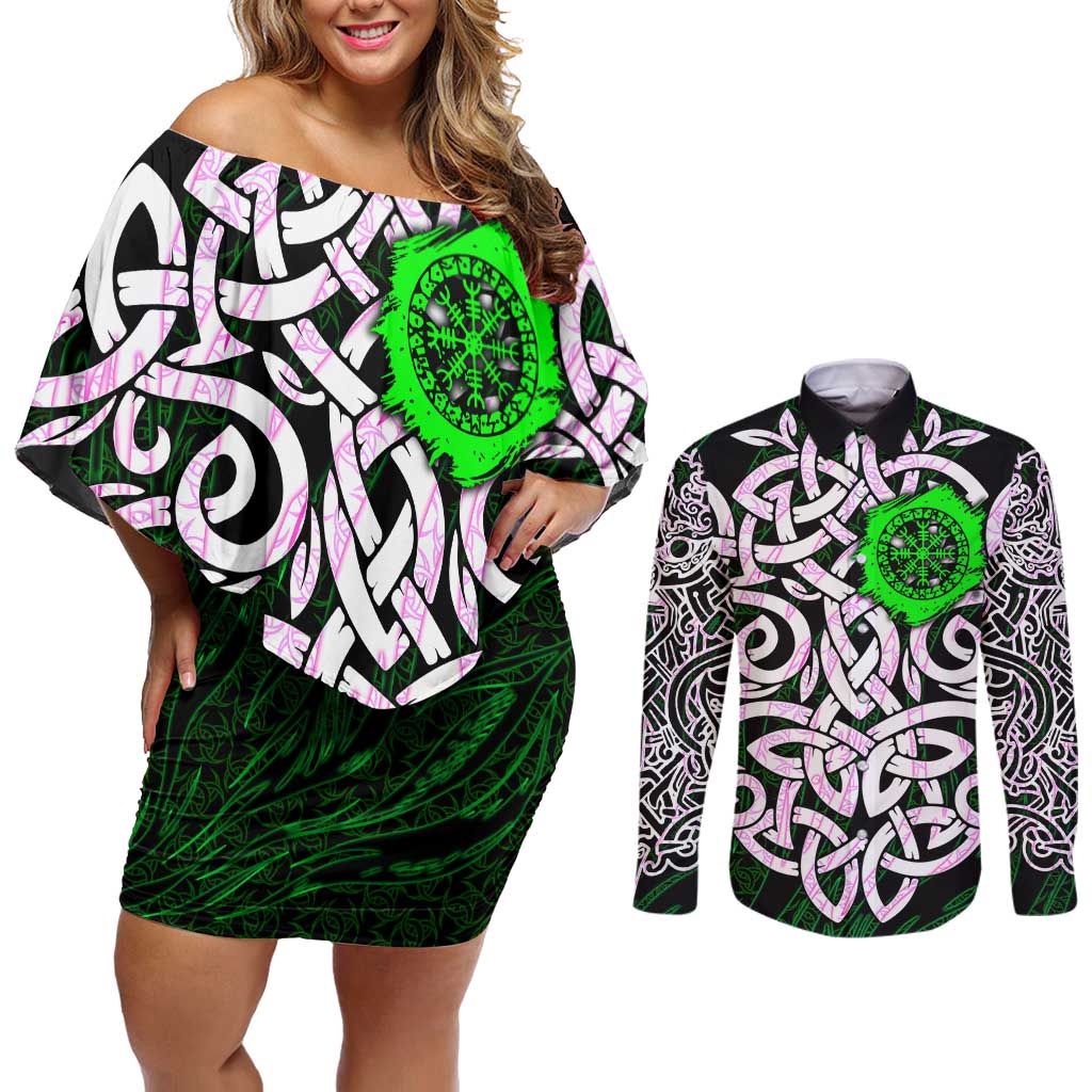 Vegvisir Couples Matching Off Shoulder Short Dress and Long Sleeve Button Shirt with Green Dragons and Norse Knots Viking Protection Tribute - Wonder Print Shop
