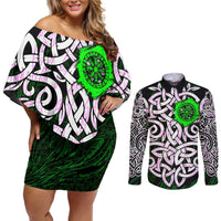 Vegvisir Couples Matching Off Shoulder Short Dress and Long Sleeve Button Shirt with Green Dragons and Norse Knots Viking Protection Tribute - Wonder Print Shop