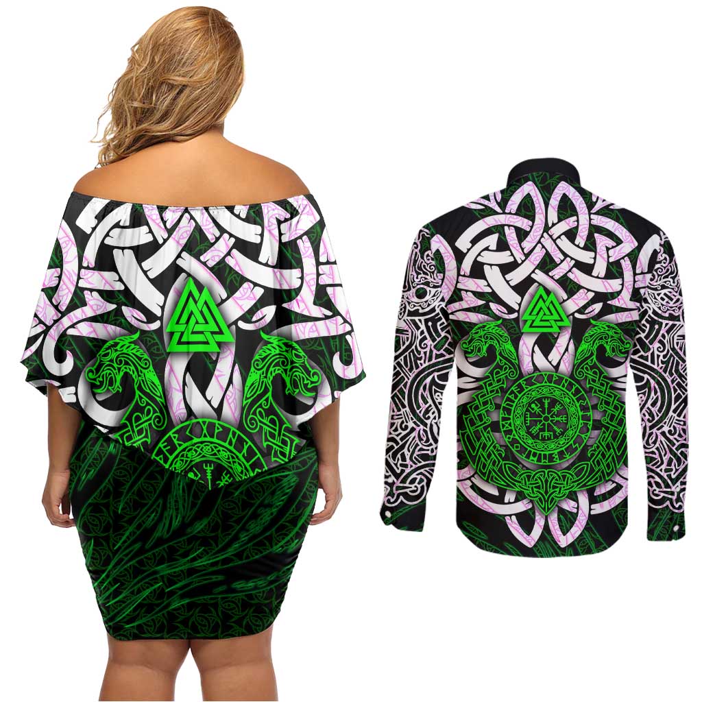 Vegvisir Couples Matching Off Shoulder Short Dress and Long Sleeve Button Shirt with Green Dragons and Norse Knots Viking Protection Tribute - Wonder Print Shop