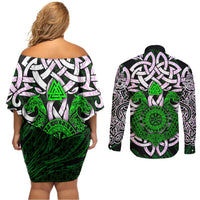 Vegvisir Couples Matching Off Shoulder Short Dress and Long Sleeve Button Shirt with Green Dragons and Norse Knots Viking Protection Tribute - Wonder Print Shop