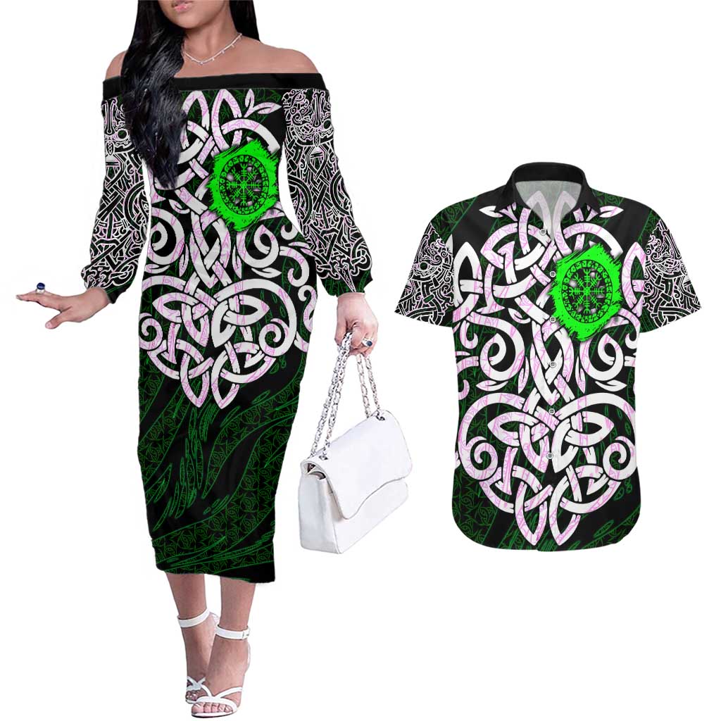 Vegvisir Couples Matching Off The Shoulder Long Sleeve Dress and Hawaiian Shirt with Green Dragons and Norse Knots Viking Protection Tribute - Wonder Print Shop