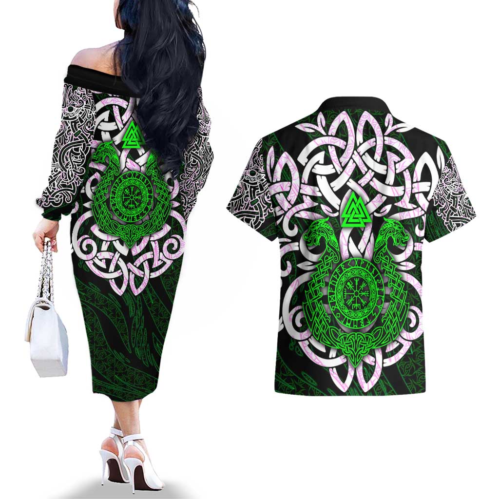 Vegvisir Couples Matching Off The Shoulder Long Sleeve Dress and Hawaiian Shirt with Green Dragons and Norse Knots Viking Protection Tribute - Wonder Print Shop
