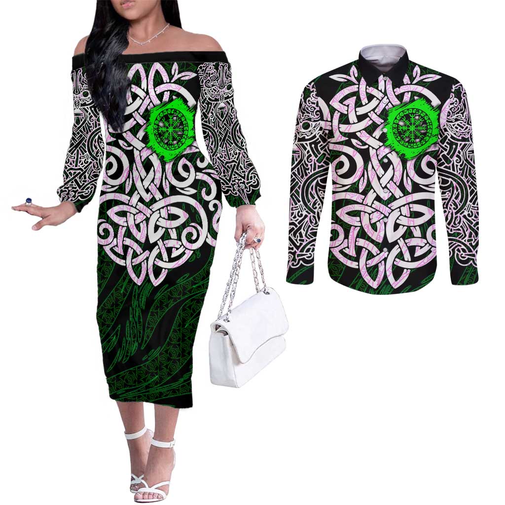 Vegvisir Couples Matching Off The Shoulder Long Sleeve Dress and Long Sleeve Button Shirt with Green Dragons and Norse Knots Viking Protection Tribute - Wonder Print Shop