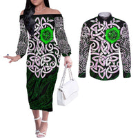 Vegvisir Couples Matching Off The Shoulder Long Sleeve Dress and Long Sleeve Button Shirt with Green Dragons and Norse Knots Viking Protection Tribute - Wonder Print Shop