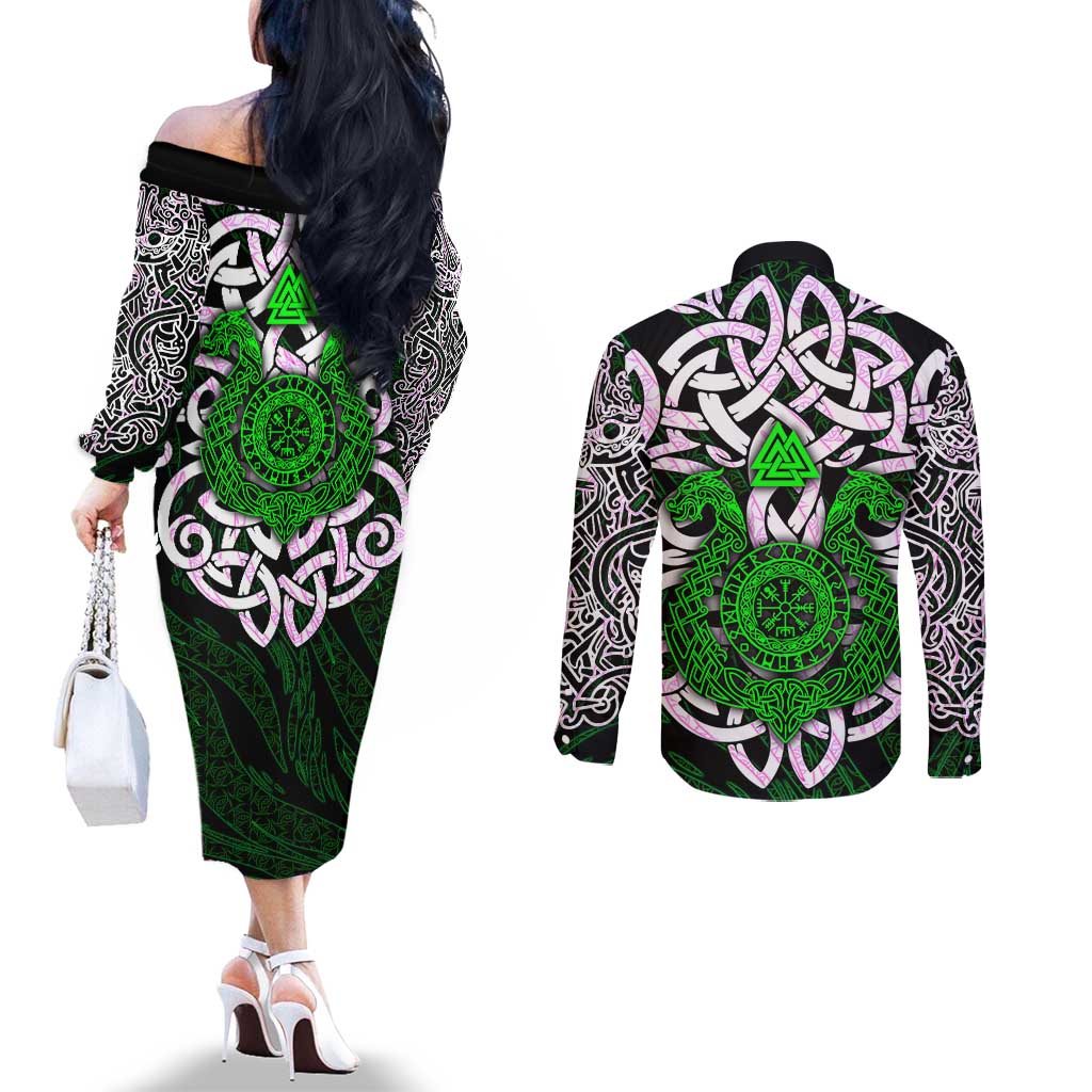 Vegvisir Couples Matching Off The Shoulder Long Sleeve Dress and Long Sleeve Button Shirt with Green Dragons and Norse Knots Viking Protection Tribute - Wonder Print Shop