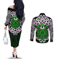 Vegvisir Couples Matching Off The Shoulder Long Sleeve Dress and Long Sleeve Button Shirt with Green Dragons and Norse Knots Viking Protection Tribute - Wonder Print Shop