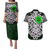 Vegvisir Couples Matching Puletasi and Hawaiian Shirt with Green Dragons and Norse Knots Viking Protection Tribute - Wonder Print Shop