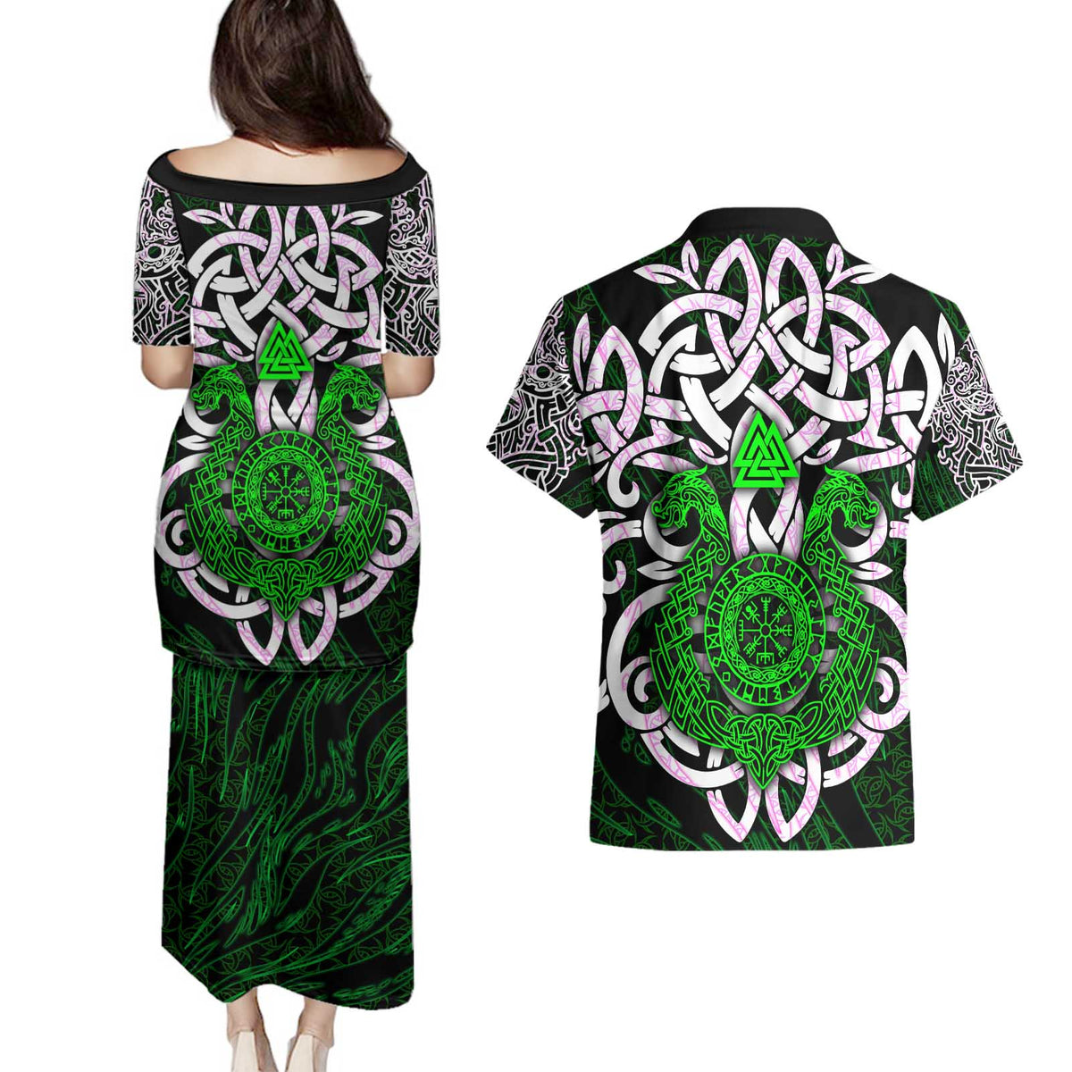 Vegvisir Couples Matching Puletasi and Hawaiian Shirt with Green Dragons and Norse Knots Viking Protection Tribute - Wonder Print Shop