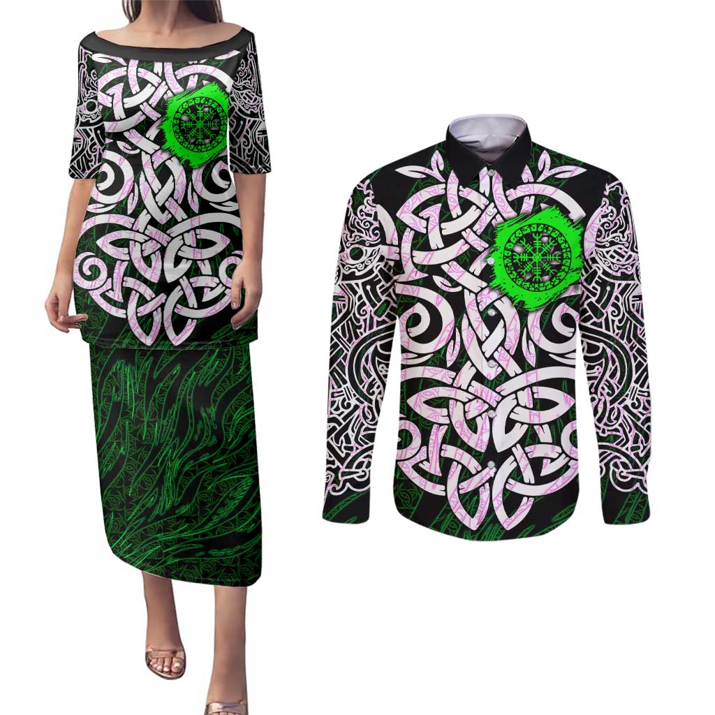 Vegvisir Couples Matching Puletasi and Long Sleeve Button Shirt with Green Dragons and Norse Knots Viking Protection Tribute - Wonder Print Shop