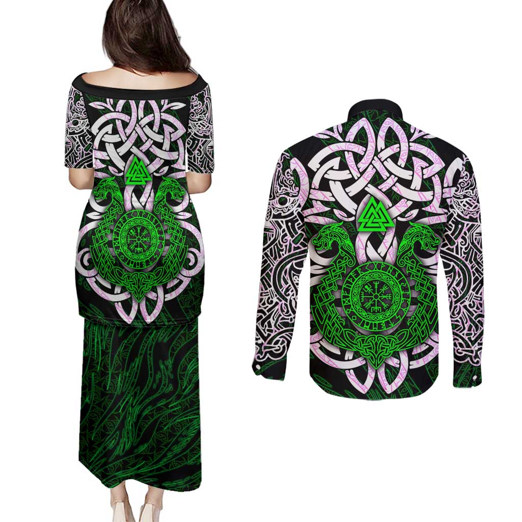 Vegvisir Couples Matching Puletasi and Long Sleeve Button Shirt with Green Dragons and Norse Knots Viking Protection Tribute - Wonder Print Shop