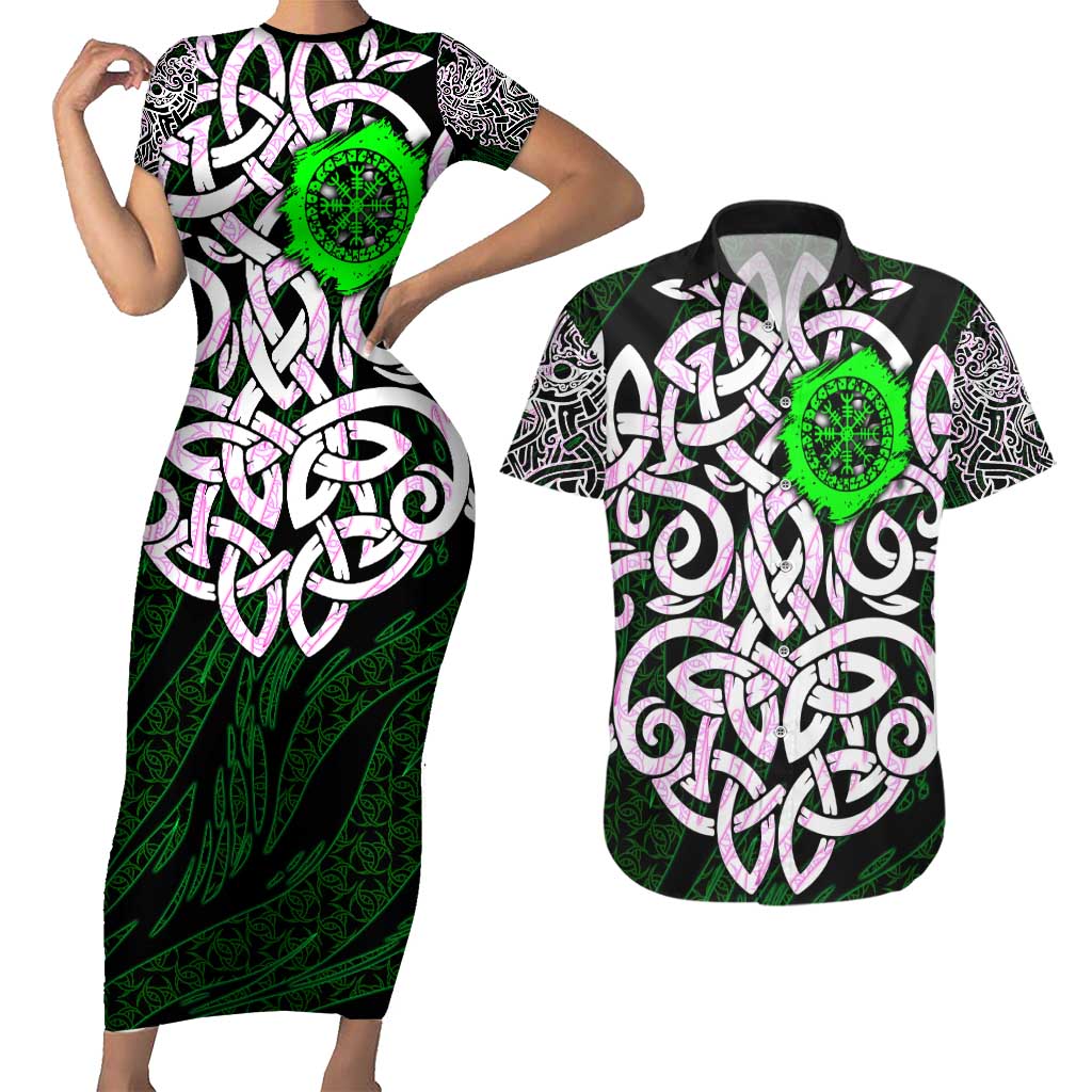 Vegvisir Couples Matching Short Sleeve Bodycon Dress and Hawaiian Shirt with Green Dragons and Norse Knots Viking Protection Tribute - Wonder Print Shop