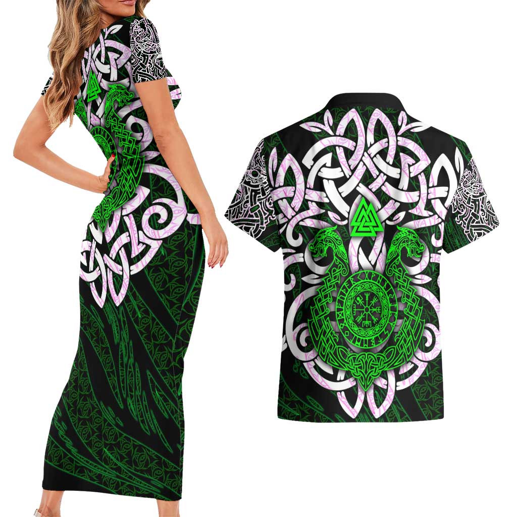 Vegvisir Couples Matching Short Sleeve Bodycon Dress and Hawaiian Shirt with Green Dragons and Norse Knots Viking Protection Tribute - Wonder Print Shop