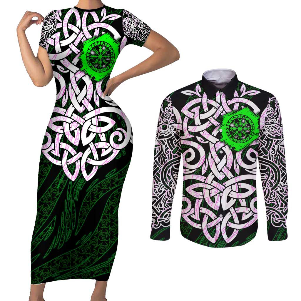 Vegvisir Couples Matching Short Sleeve Bodycon Dress and Long Sleeve Button Shirt with Green Dragons and Norse Knots Viking Protection Tribute - Wonder Print Shop