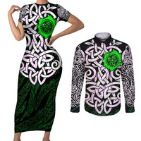 Vegvisir Couples Matching Short Sleeve Bodycon Dress and Long Sleeve Button Shirt with Green Dragons and Norse Knots Viking Protection Tribute - Wonder Print Shop