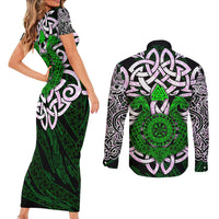 Vegvisir Couples Matching Short Sleeve Bodycon Dress and Long Sleeve Button Shirt with Green Dragons and Norse Knots Viking Protection Tribute - Wonder Print Shop