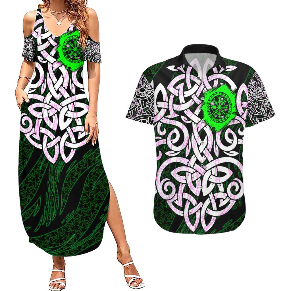 Vegvisir Couples Matching Summer Maxi Dress and Hawaiian Shirt with Green Dragons and Norse Knots Viking Protection Tribute - Wonder Print Shop