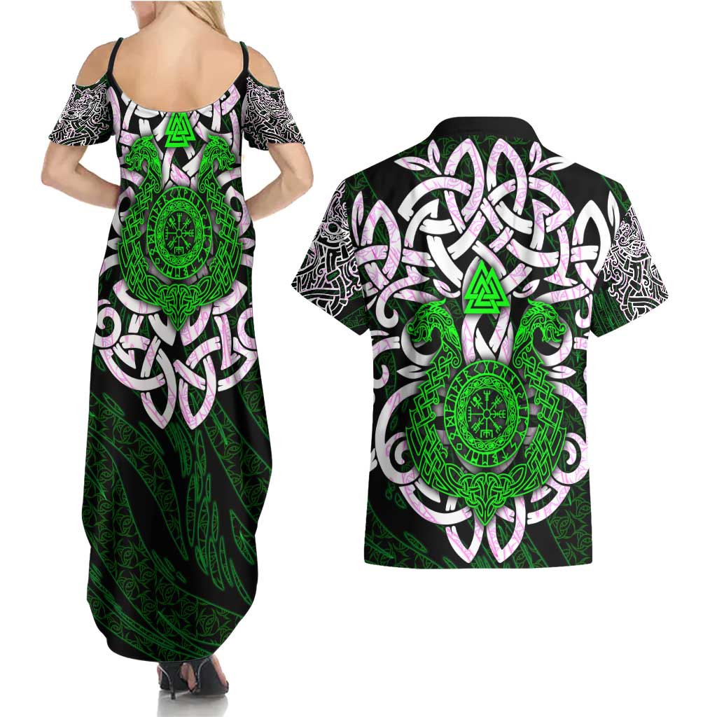 Vegvisir Couples Matching Summer Maxi Dress and Hawaiian Shirt with Green Dragons and Norse Knots Viking Protection Tribute - Wonder Print Shop