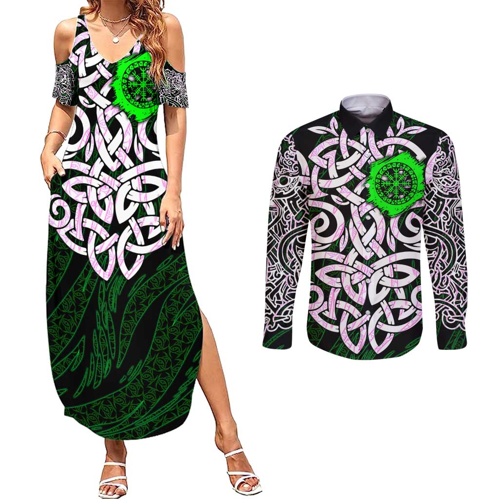 Vegvisir Couples Matching Summer Maxi Dress and Long Sleeve Button Shirt with Green Dragons and Norse Knots Viking Protection Tribute - Wonder Print Shop