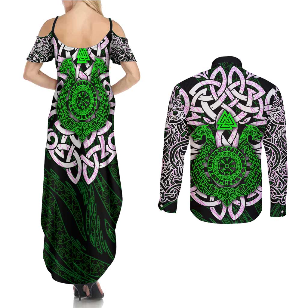 Vegvisir Couples Matching Summer Maxi Dress and Long Sleeve Button Shirt with Green Dragons and Norse Knots Viking Protection Tribute - Wonder Print Shop