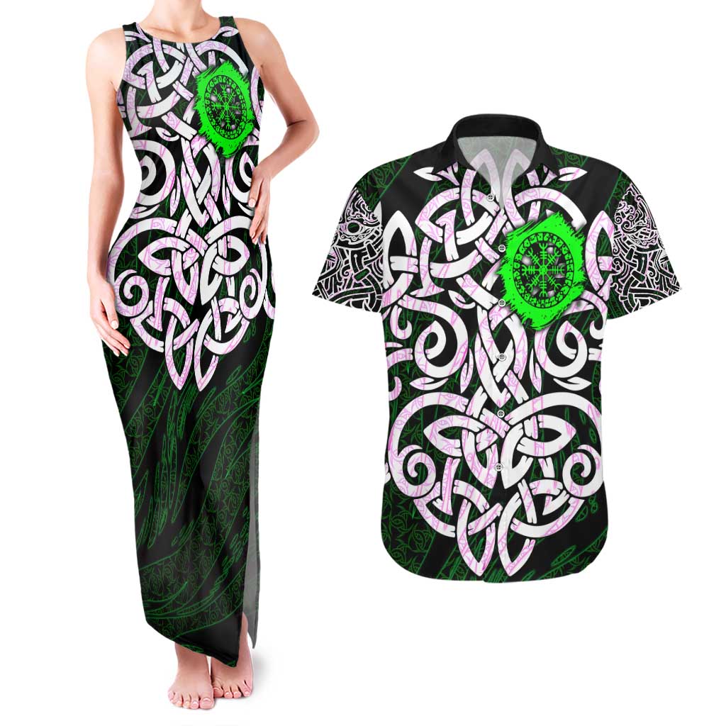 Vegvisir Couples Matching Tank Maxi Dress and Hawaiian Shirt with Green Dragons and Norse Knots Viking Protection Tribute - Wonder Print Shop
