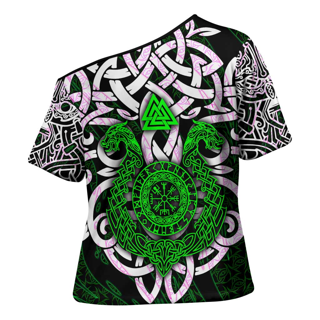 Vegvisir Cross Shoulder Shirt with Green Dragons and Norse Knots Viking Protection Tribute - Wonder Print Shop
