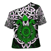 Vegvisir Cross Shoulder Shirt with Green Dragons and Norse Knots Viking Protection Tribute - Wonder Print Shop