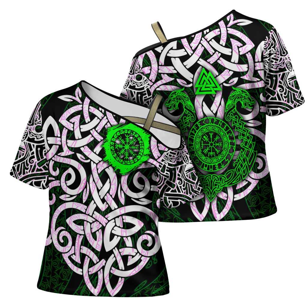 Vegvisir Cross Shoulder Shirt with Green Dragons and Norse Knots Viking Protection Tribute - Wonder Print Shop