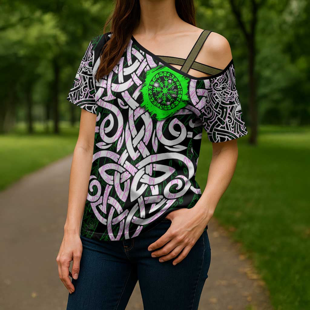 Vegvisir Cross Shoulder Shirt with Green Dragons and Norse Knots Viking Protection Tribute - Wonder Print Shop