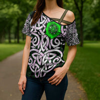 Vegvisir Cross Shoulder Shirt with Green Dragons and Norse Knots Viking Protection Tribute - Wonder Print Shop