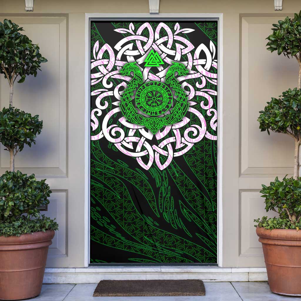 Vegvisir Door Cover with Green Dragons and Norse Knots Viking Protection Tribute - Wonder Print Shop