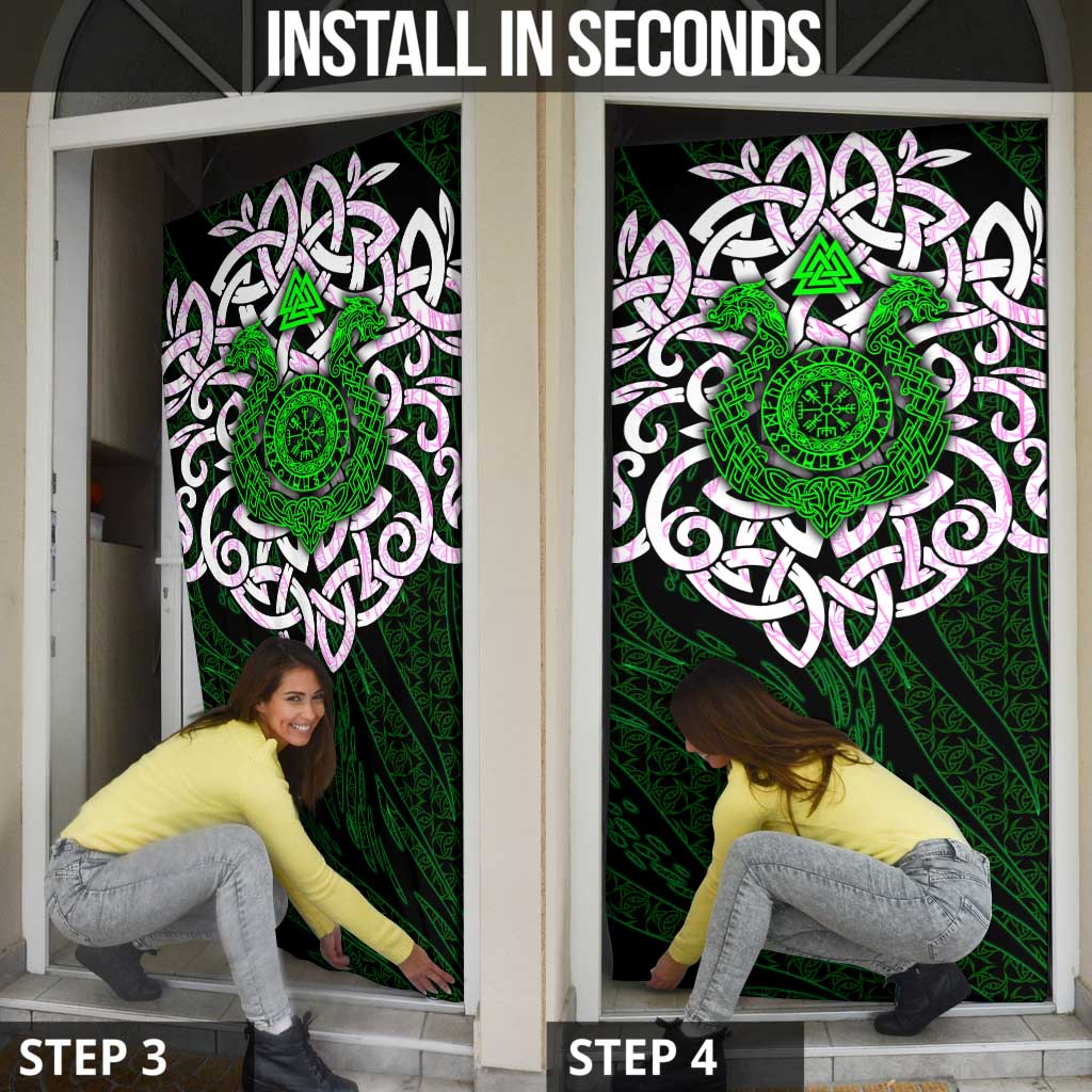 Vegvisir Door Cover with Green Dragons and Norse Knots Viking Protection Tribute - Wonder Print Shop