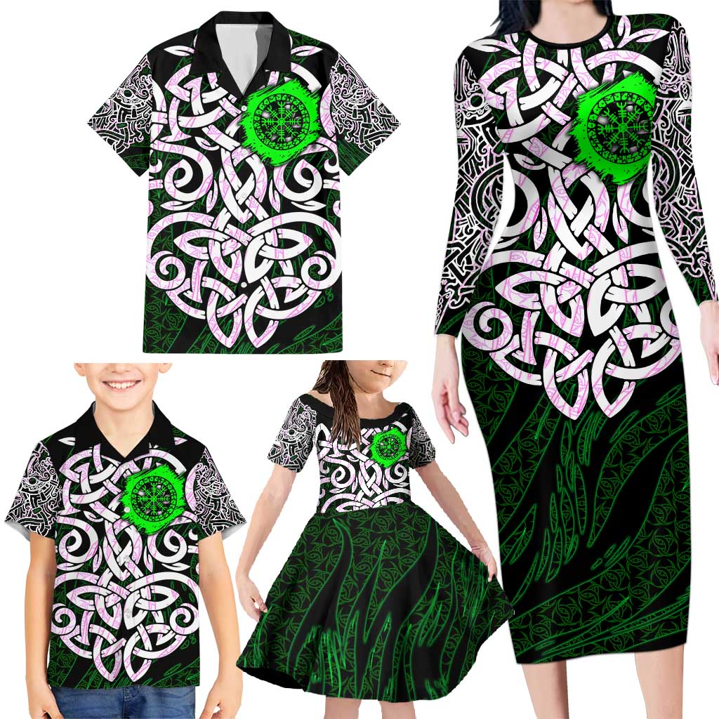 Vegvisir Family Matching Long Sleeve Bodycon Dress and Hawaiian Shirt with Green Dragons and Norse Knots Viking Protection Tribute - Wonder Print Shop