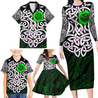 Vegvisir Family Matching Long Sleeve Bodycon Dress and Hawaiian Shirt with Green Dragons and Norse Knots Viking Protection Tribute - Wonder Print Shop