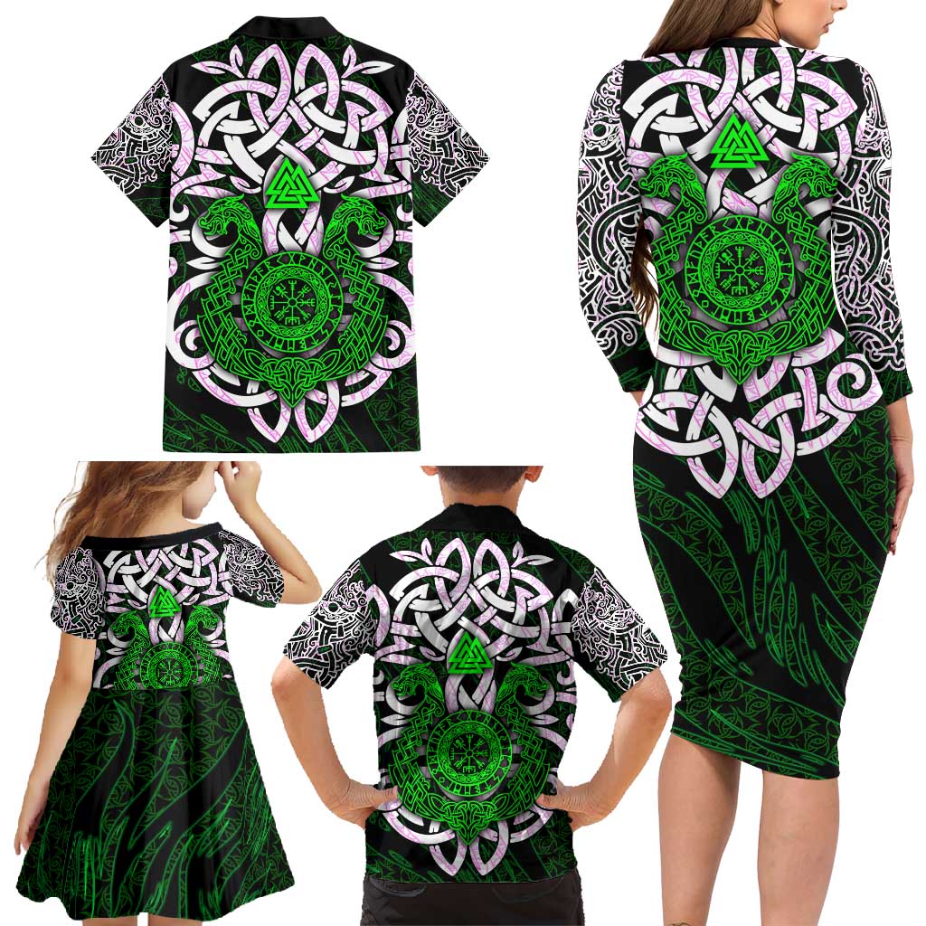Vegvisir Family Matching Long Sleeve Bodycon Dress and Hawaiian Shirt with Green Dragons and Norse Knots Viking Protection Tribute - Wonder Print Shop