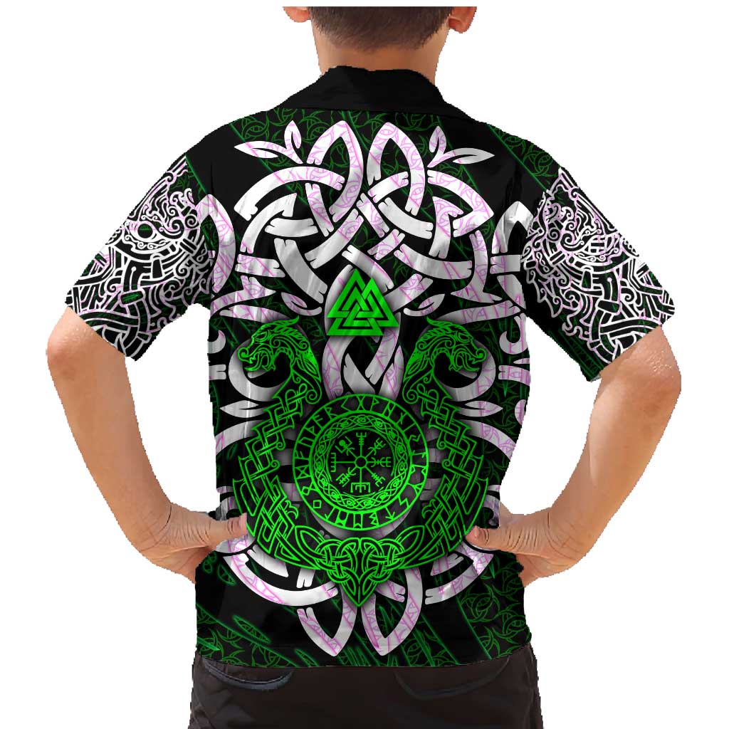 Vegvisir Family Matching Mermaid Dress and Hawaiian Shirt with Green Dragons and Norse Knots Viking Protection Tribute - Wonder Print Shop