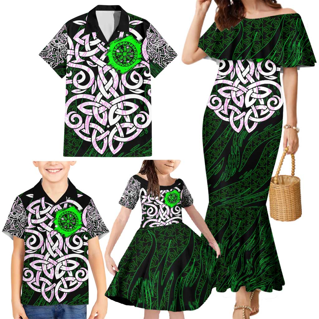 Vegvisir Family Matching Mermaid Dress and Hawaiian Shirt with Green Dragons and Norse Knots Viking Protection Tribute - Wonder Print Shop