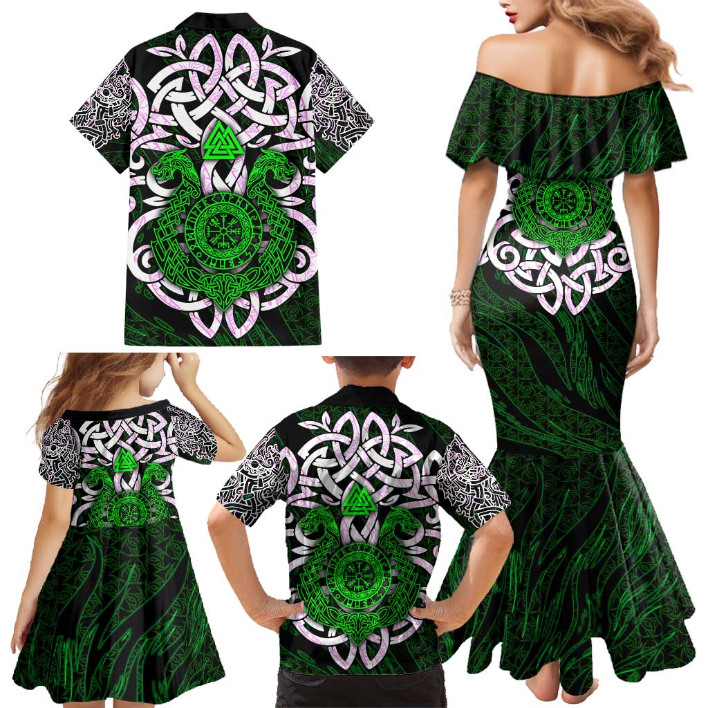 Vegvisir Family Matching Mermaid Dress and Hawaiian Shirt with Green Dragons and Norse Knots Viking Protection Tribute - Wonder Print Shop