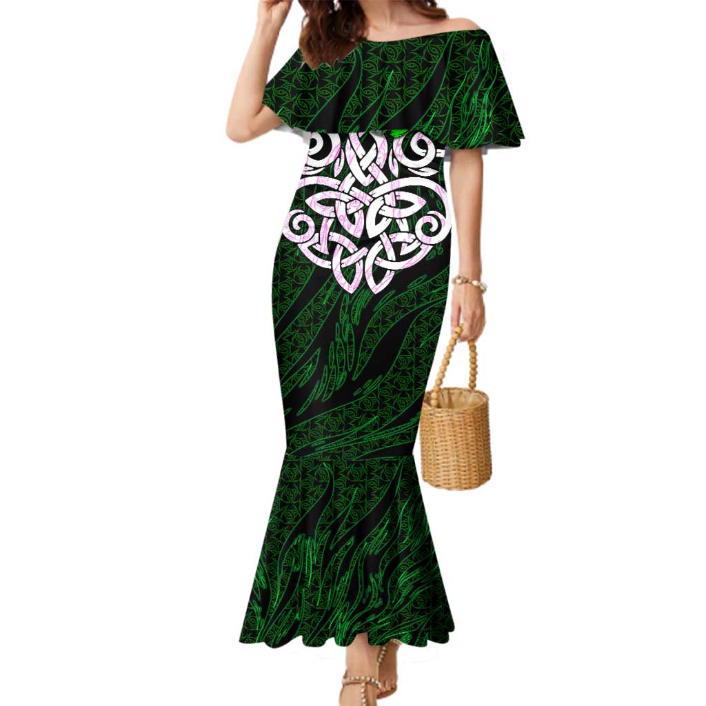 Vegvisir Family Matching Mermaid Dress and Hawaiian Shirt with Green Dragons and Norse Knots Viking Protection Tribute - Wonder Print Shop
