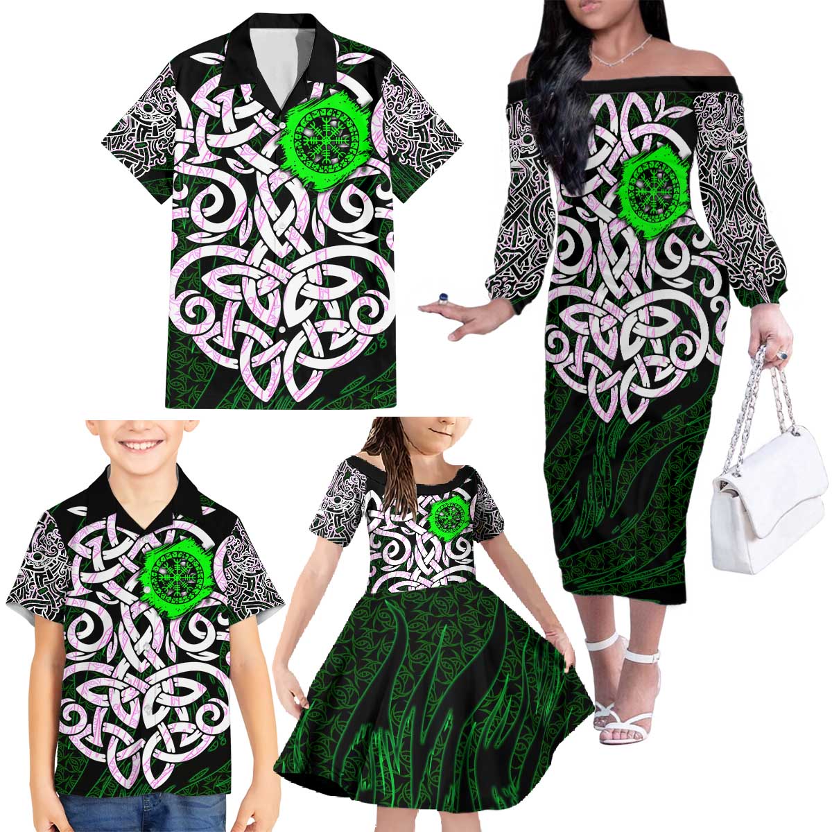 Vegvisir Family Matching Off The Shoulder Long Sleeve Dress and Hawaiian Shirt with Green Dragons and Norse Knots Viking Protection Tribute - Wonder Print Shop